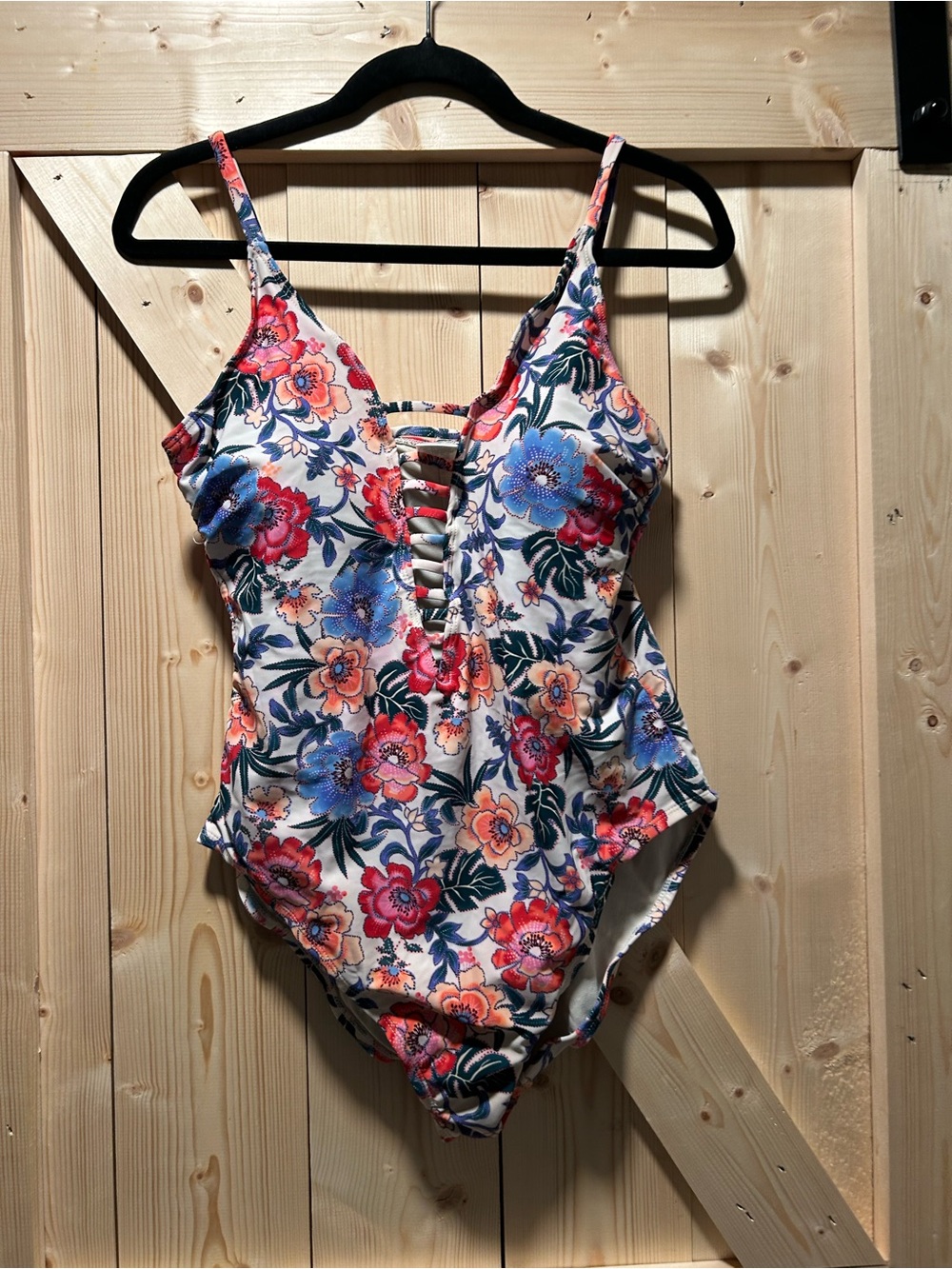 Time and Tru White Floral One-Piece Swimsuit with Pink & Blue Flowers